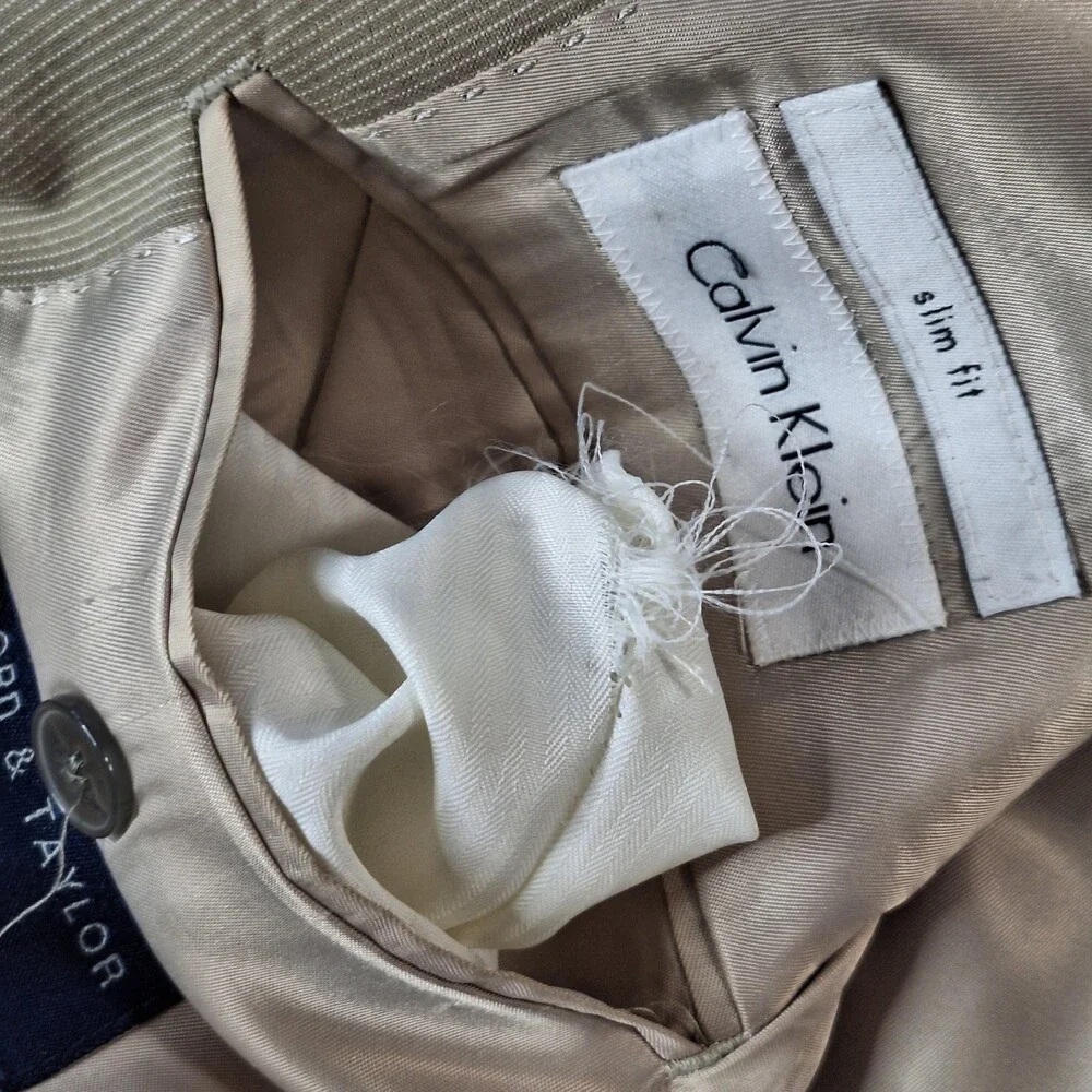 Calvin Klein Suit Mens 40 Long 32x31 Beige Stripe Double Vent 2 Btn Slim Fit